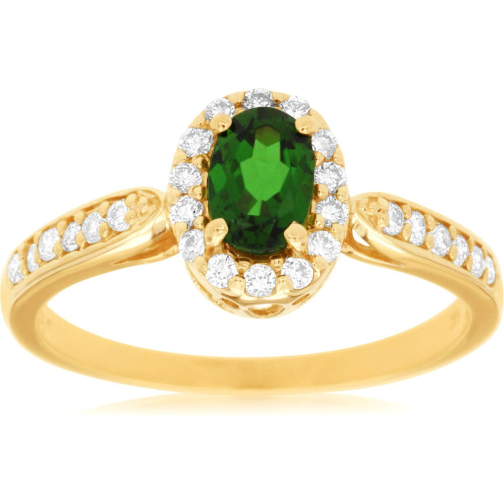 14K Yellow Gold Halo Ring with Oval Cut Russalite and Round Diamonds - 0.45 Carat Russalite and 0.26 Carat Total Diamond Weight - Royal Jewelry