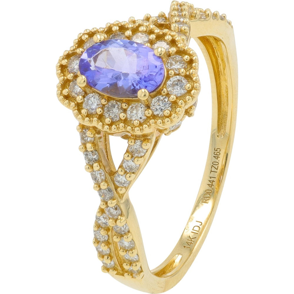 14K Yellow Gold Halo Ring with Oval Cut Tanzanite and Milgrain Accented Diamonds - 0.465 Carat Tanzanite and 0.50 Carat Total Diamond Weight