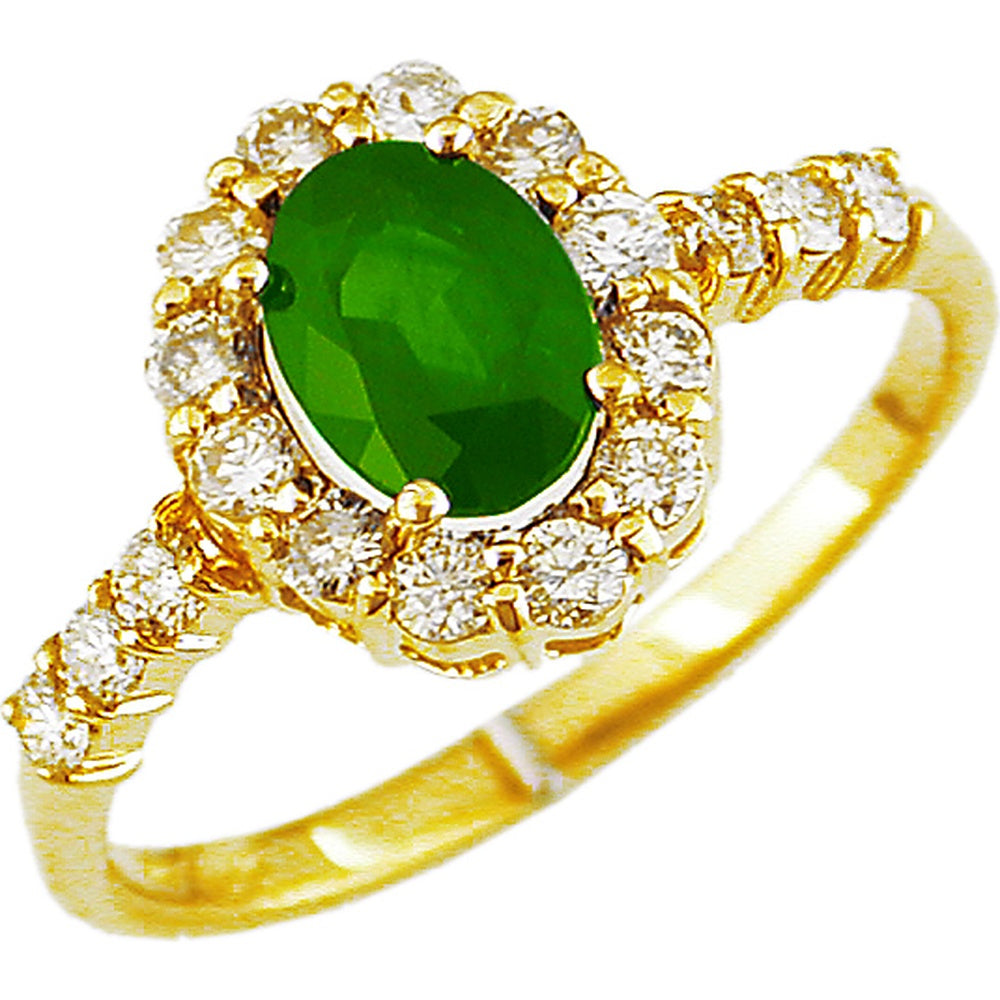 14K Yellow Gold Halo Ring with Oval Emerald and Round Diamond Accents - 0.47 Carat Diamond Total Weight, 0.85 Carat Emerald - Royal Jewelry