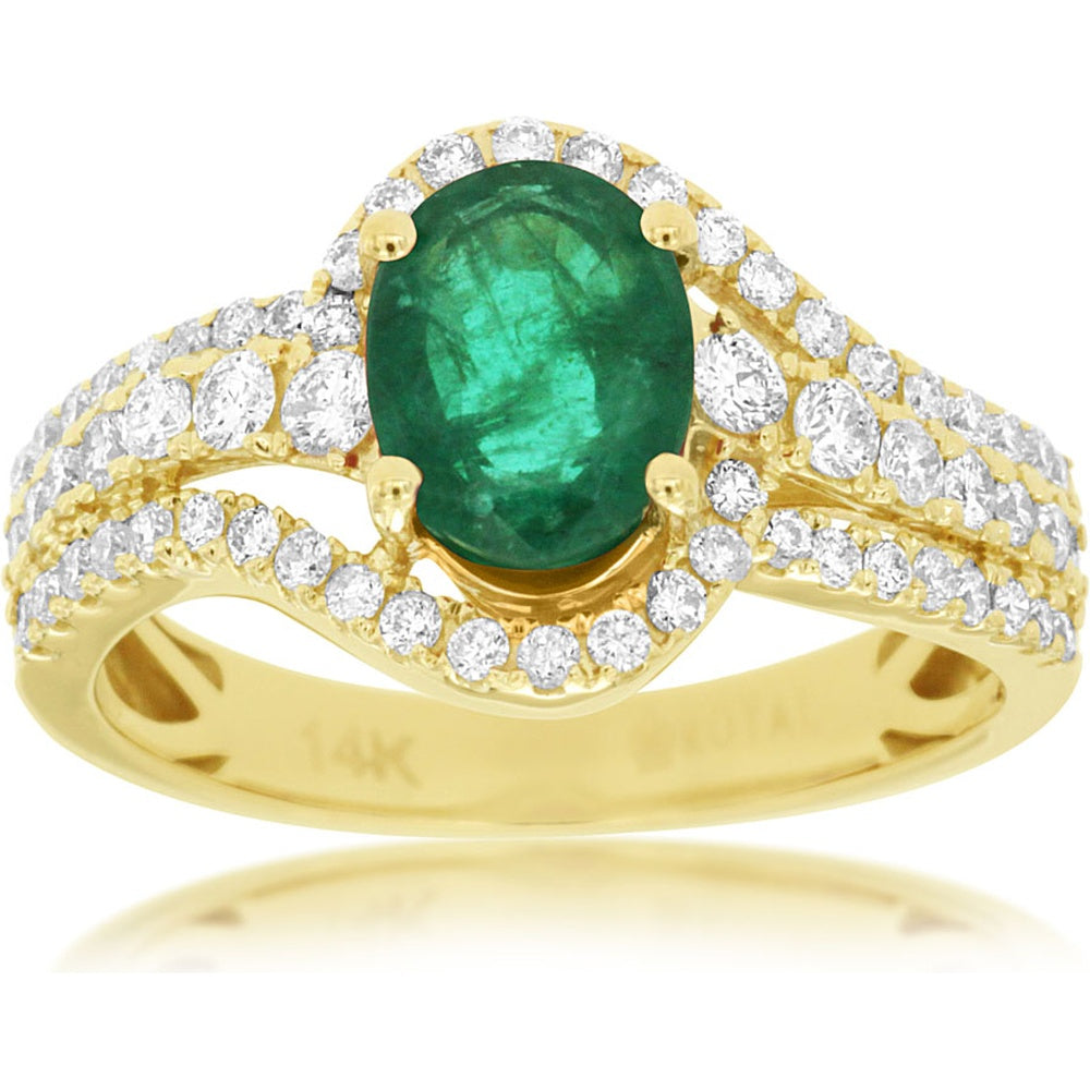 14K Yellow Gold Halo Ring with Oval Emerald and Round Diamonds - 1.10 Carat Emerald and 0.65 Carat Total Diamond Weight - Royal Jewelry