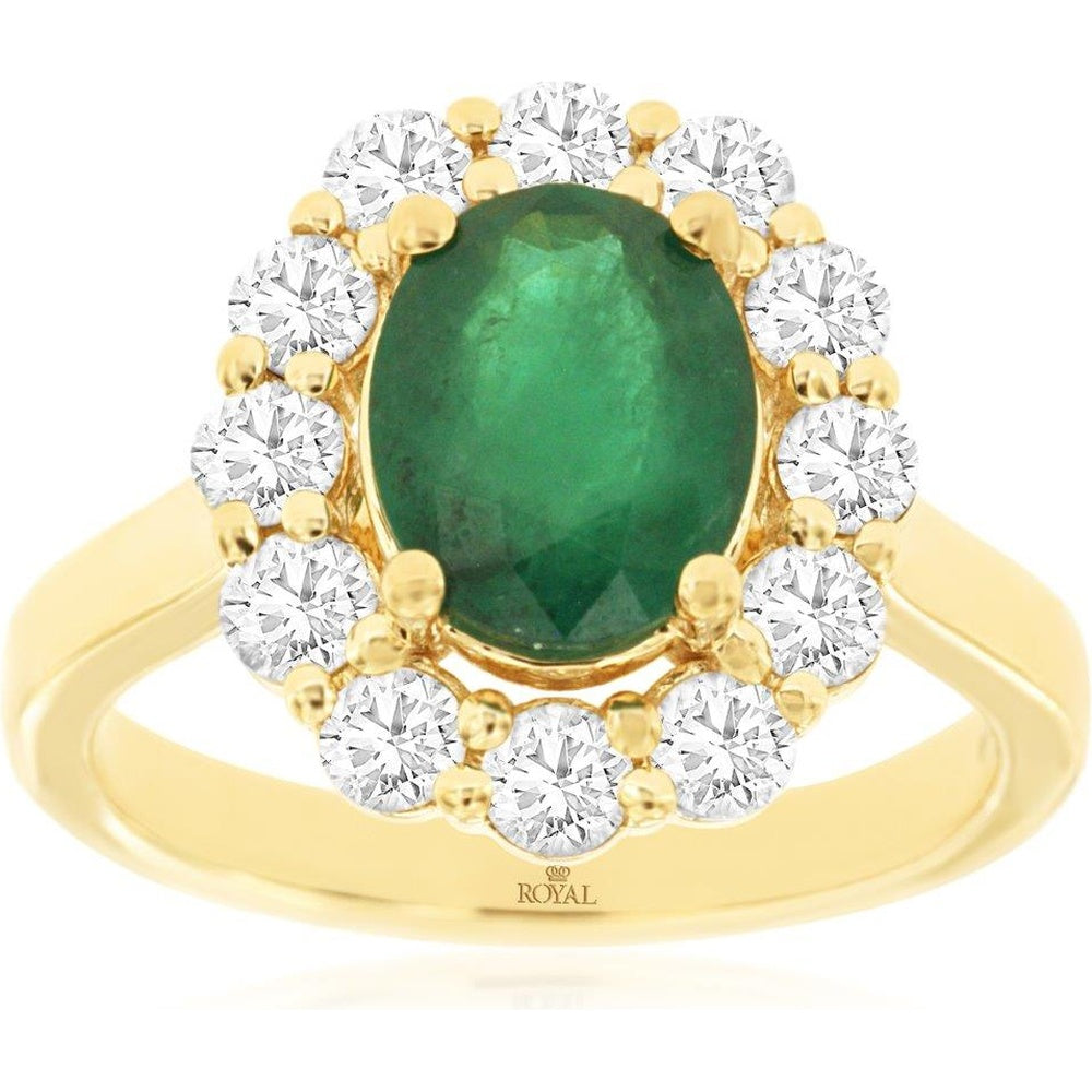 14K Yellow Gold Halo Ring with Oval Emerald and Round Diamonds - 1.75 Carat Emerald Weight and 1.00 Carat Total Diamond Weight - Royal Jewelry