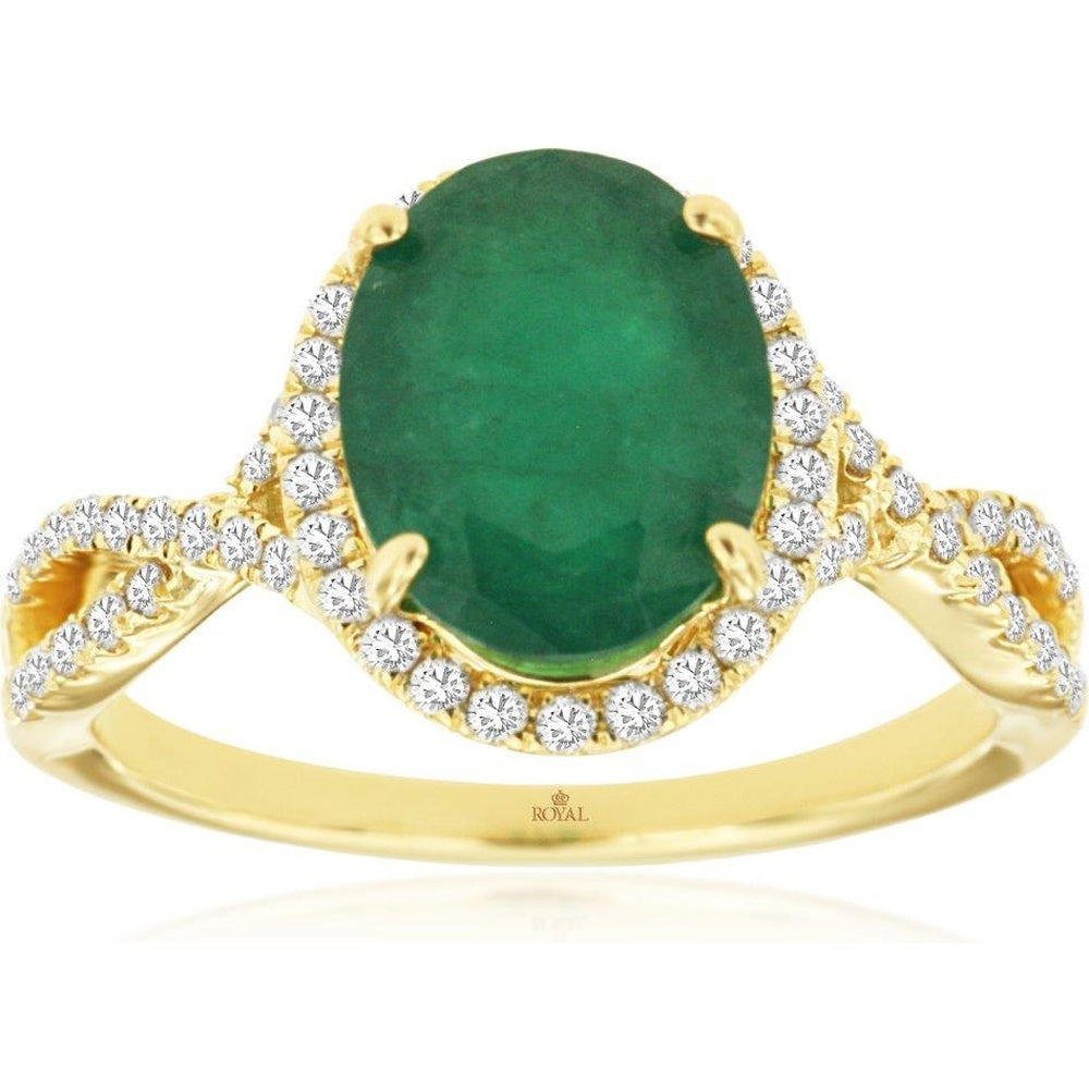 14K Yellow Gold Halo Ring with Oval Emerald and Round Diamonds - 2.40ct Emerald and 0.30ct Total Diamond Weight - Royal Jewelry