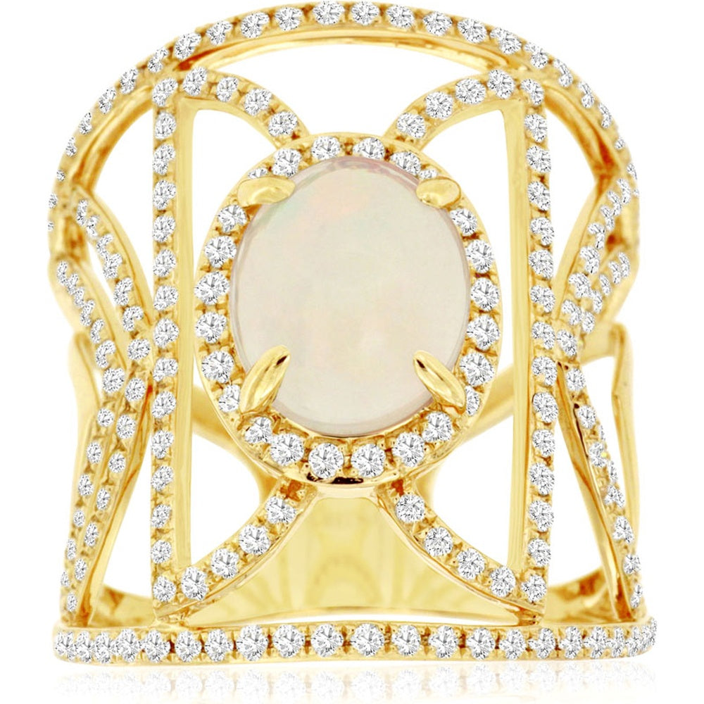 14K Yellow Gold Halo Ring with Oval Opal and Prong-Set Round Diamonds - 1.70 Carat Opal and 1.05 Carat Total Diamond Weight - Royal Jewelry