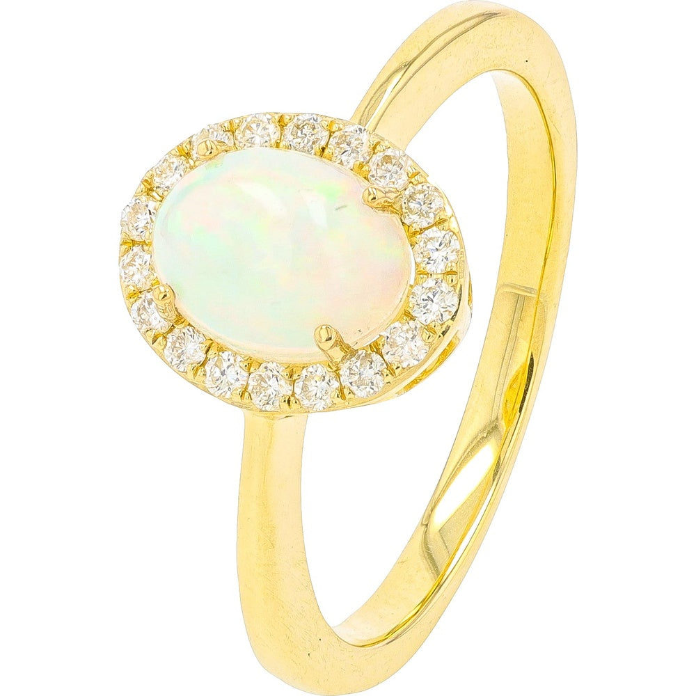 14K Yellow Gold Halo Ring with Oval Opal and Round Diamonds - 0.66 Carat Opal and 0.18 Carat Total Diamond Weight