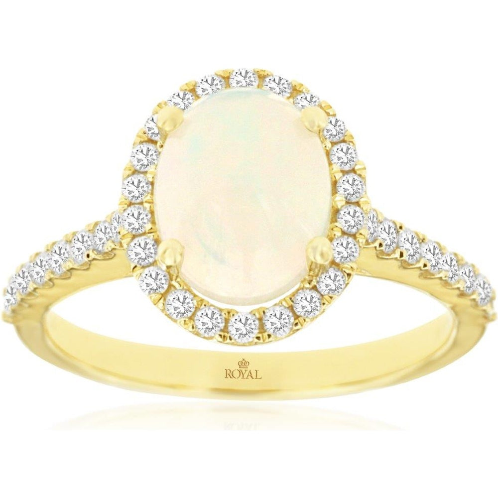 14K Yellow Gold Halo Ring with Oval Opal and Round Diamonds - 1.40 Carat Opal and 0.44 Carat Total Diamond Weight - Royal Jewelry