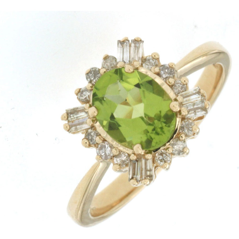 14K Yellow Gold Halo Ring with Oval Peridot and Mixed-Cut Baguette and Round Diamonds - 1.25 Carat Peridot and 0.25 Carat Total Diamond Weight - Royal Jewelry
