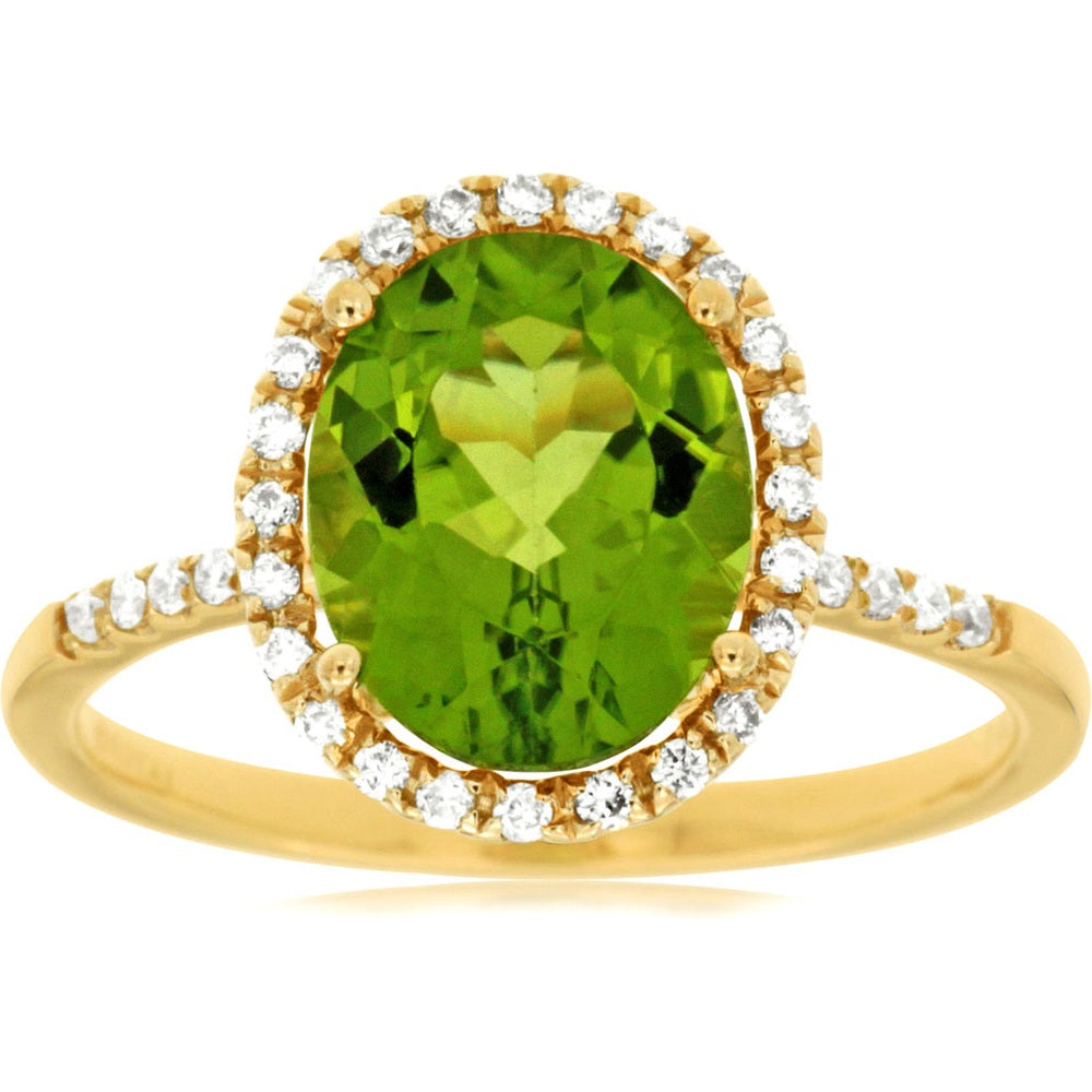 14K Yellow Gold Halo Ring with Oval Peridot and Round Diamond Accents - 2.55 Carat Peridot and 0.21 Carat Total Diamond Weight - Royal Jewelry
