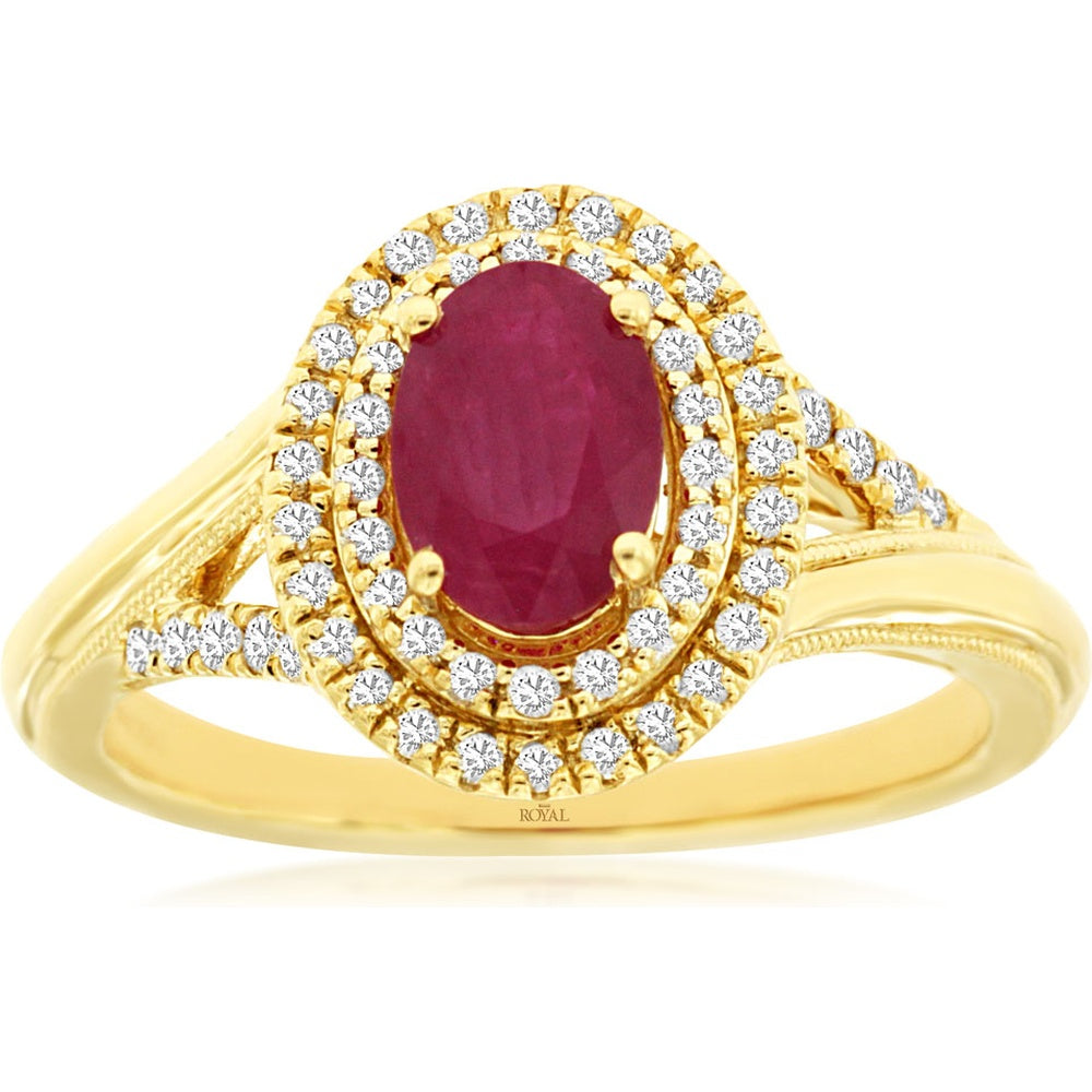 14K Yellow Gold Halo Ring with Oval Ruby and Round Diamond Accents - 0.90 Carat Ruby and 0.25 Carat Total Diamond Weight - Royal Jewelry