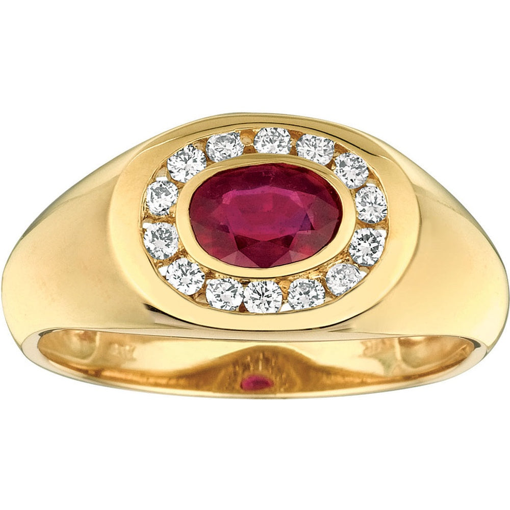 14K Yellow Gold Halo Ring with Oval Ruby and Round Diamond Accents - 0.90 Carat Ruby and 0.30 Carat Total Diamond Weight - Royal Jewelry