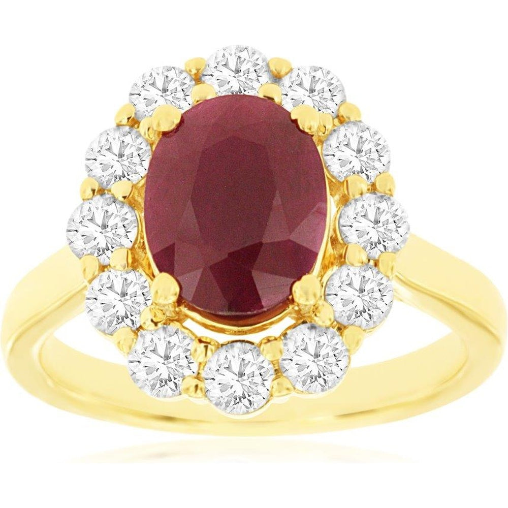 14K Yellow Gold Halo Ring with Oval Ruby and Round Diamond Accents - 2.30 Carat Ruby and 1.00 Carat Total Diamond Weight - Royal Jewelry