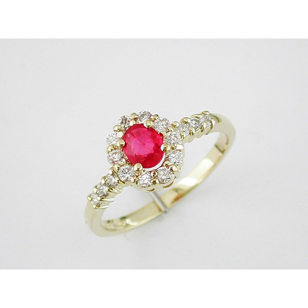 14K Yellow Gold Halo Ring with Oval Ruby and Round Diamonds - 0.42 Carat Ruby and 0.38 Carat Total Diamond Weight - Royal Jewelry