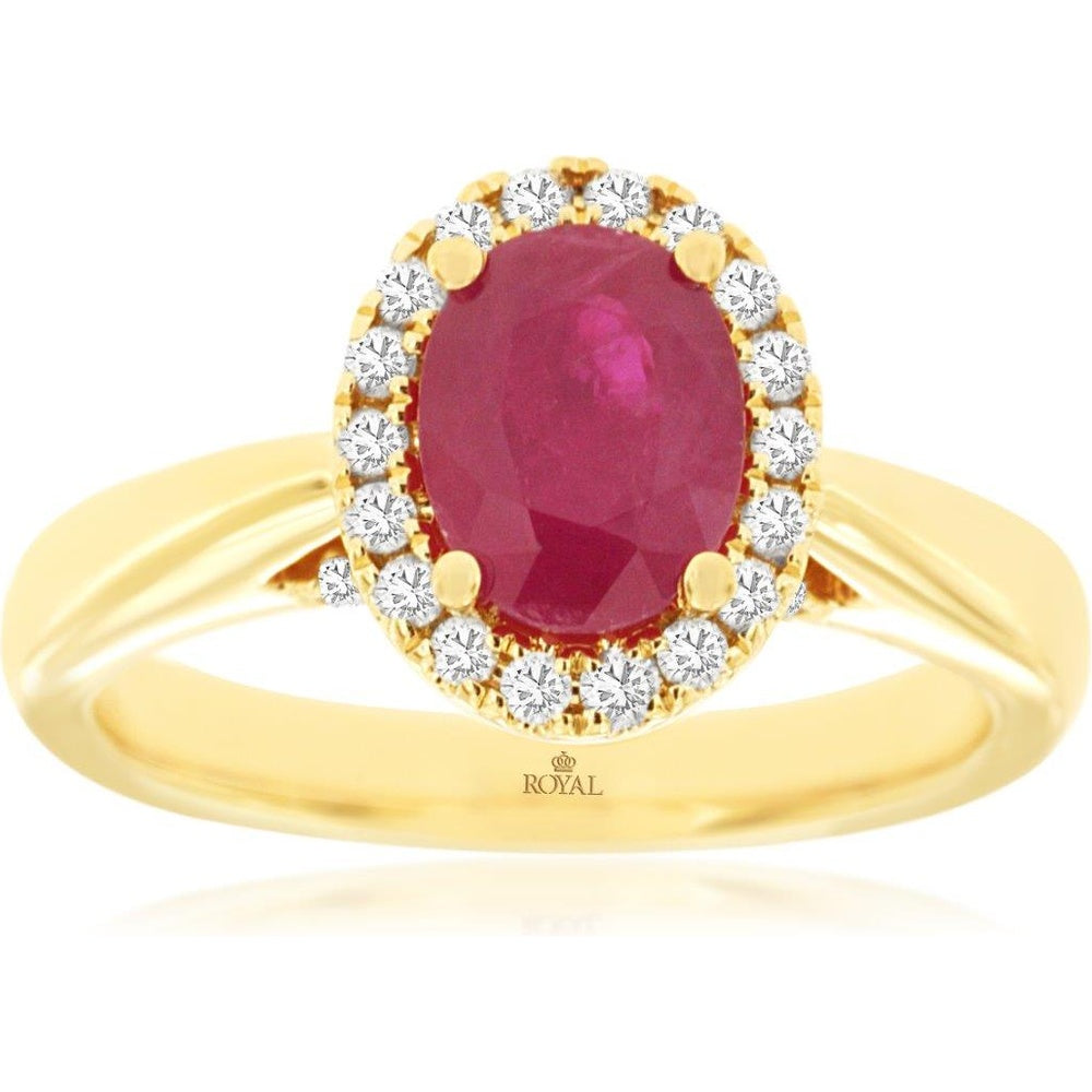 14K Yellow Gold Halo Ring with Oval Ruby and Round Diamonds - 1.23 Carat Ruby and 0.34 Carat Total Diamond Weight - Royal Jewelry