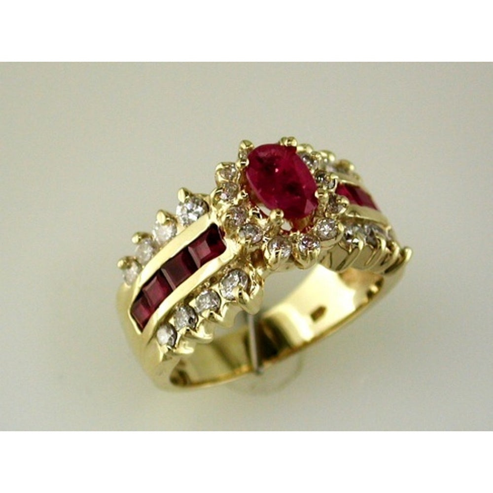 14K Yellow Gold Halo Ring with Oval Ruby and Round Diamonds - 1.30 Carat Ruby and 0.78 Carat Total Diamond Weight - Royal Jewelry