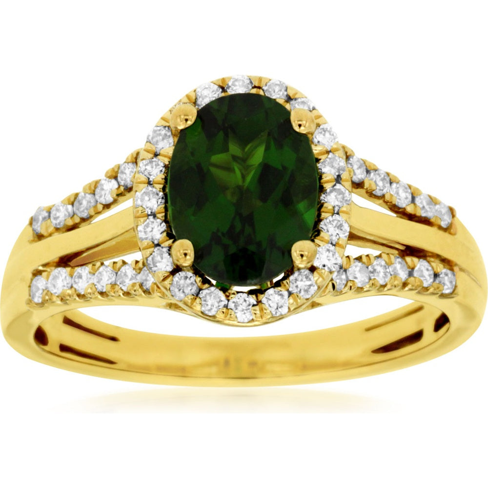 14K Yellow Gold Halo Ring with Oval Russalite and Round Diamond Accents - 1.30 Carat Russalite & 0.30 Carat Total Diamond Weight - Royal Jewelry