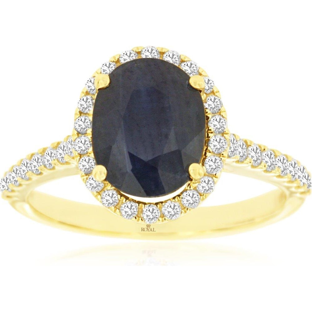14K Yellow Gold Halo Ring with Oval Sapphire and Round Diamond Accents - 2.10 Carat Sapphire and 0.44 Carat Total Diamond Weight - Royal Jewelry