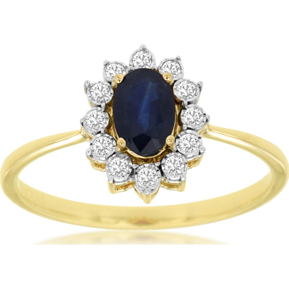 14K Yellow Gold Halo Ring with Oval Sapphire and Round Diamonds - 0.65 Carat Sapphire, 0.11 Carat Total Diamond Weight - Royal Jewelry