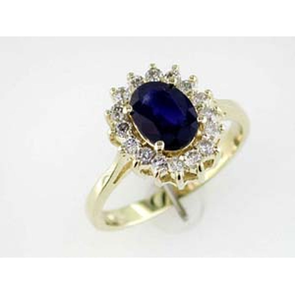 14K Yellow Gold Halo Ring with Oval Sapphire and Round Diamonds - 1.40 Carat Sapphire and 0.43 Carat Total Diamond Weight - Royal Jewelry