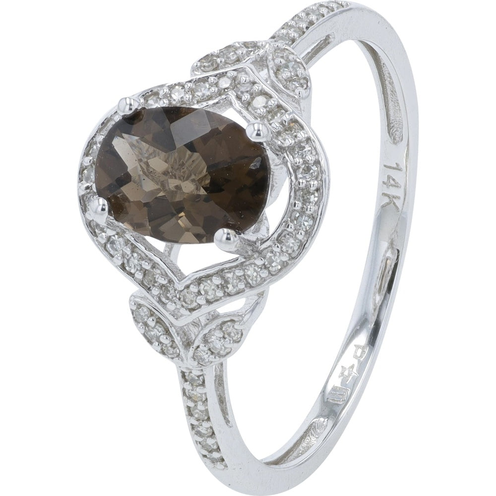 14K Yellow Gold Halo Ring with Oval Smoky Quartz and Pave-Set Diamond Accents - 0.13 Carat Total Diamond Weight