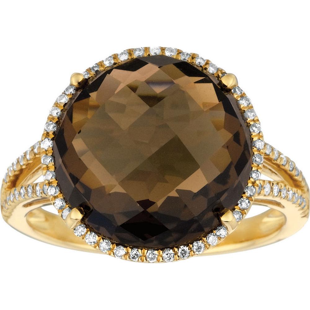 14K Yellow Gold Halo Ring with Oval Smoky Quartz and Pave Set Round Diamonds - 9.95 Carat Smoky Quartz, 0.22 Carat Total Diamond Weight - Royal Jewelry
