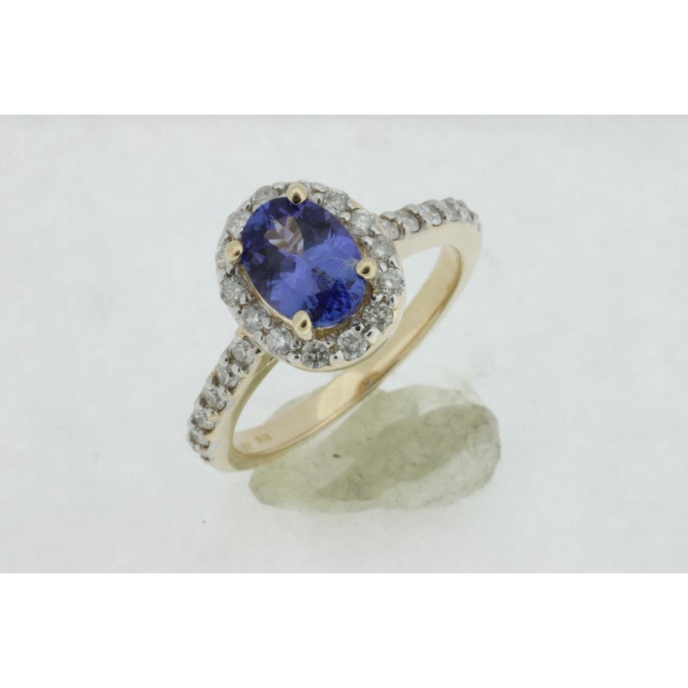 14K Yellow Gold Halo Ring with Oval Tanzanite and Round Diamonds - 1.30 Carat Tanzanite and 0.60 Carat Total Diamond Weight - Royal Jewelry