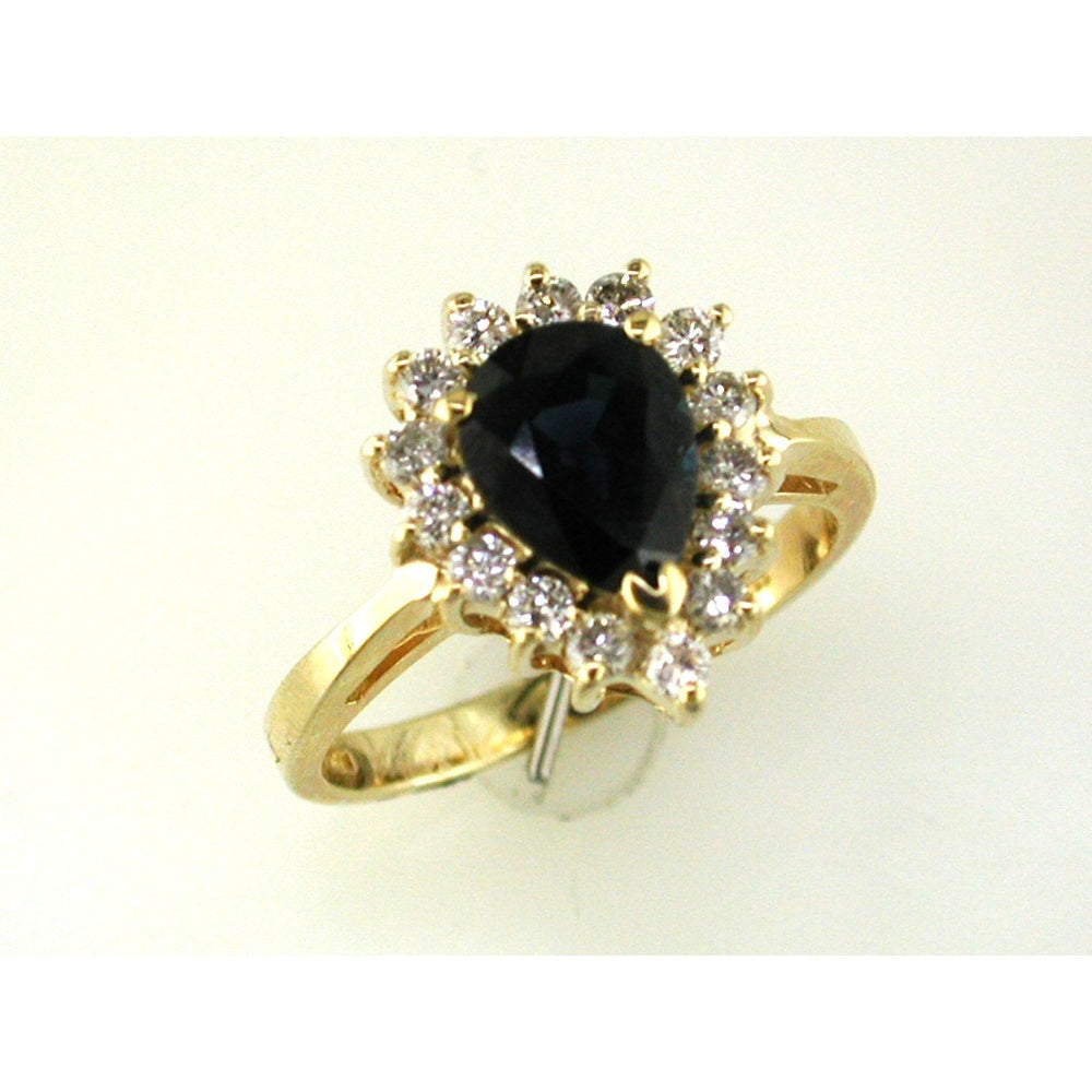 14K Yellow Gold Halo Ring with Pear-Shaped 2.00 Carat Sapphire and 0.48 Carat Round Diamond Accents - Royal Jewelry