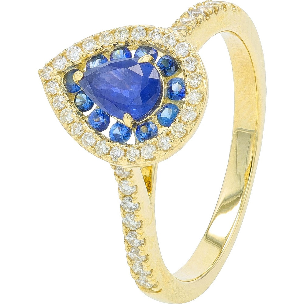 14K Yellow Gold Halo Ring with Pear-Shaped Sapphire and Round Diamond Accents - 0.33 Carat Total Diamond Weight