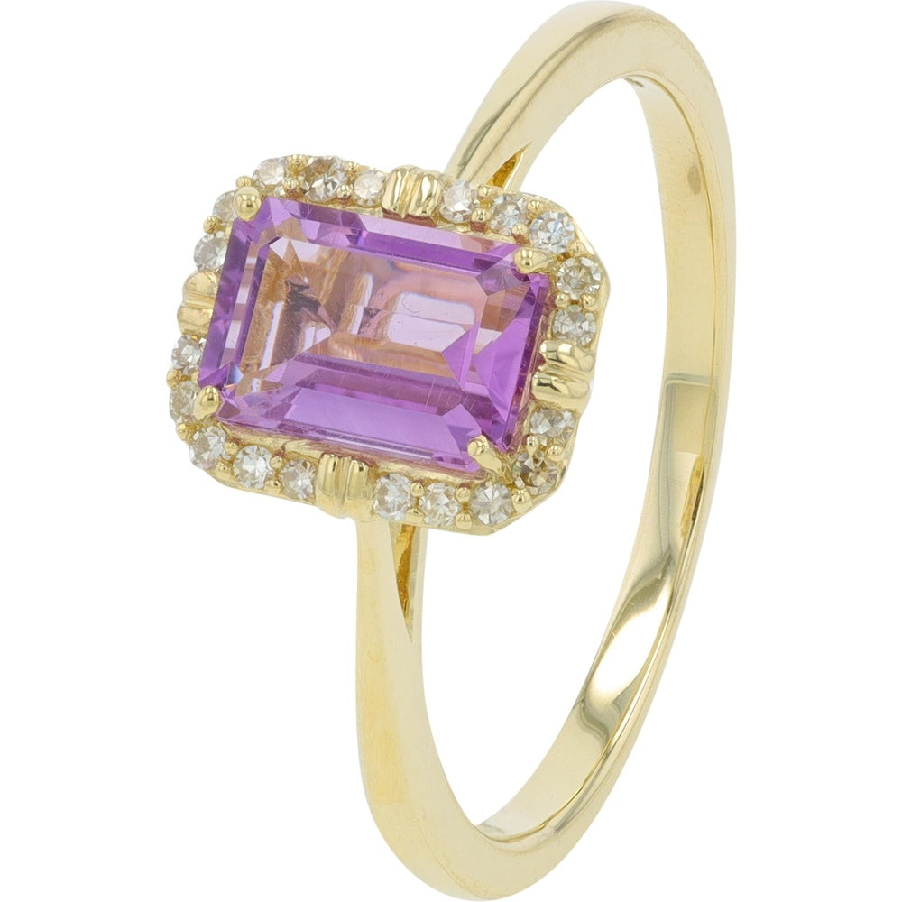 14K Yellow Gold Halo Ring with Rectangular Amethyst and Round Diamond Accents - 1.00-1.25 Carat Amethyst and 0.08 Carat Diamond Total Weight