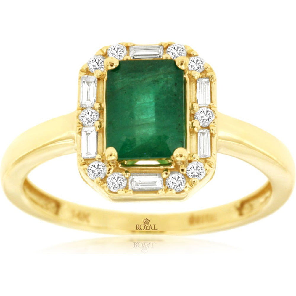 14K Yellow Gold Halo Ring with Rectangular Emerald and Baguette & Round Diamonds - 1.00 Carat Emerald and 0.19 Carat Total Diamond Weight - Royal Jewelry