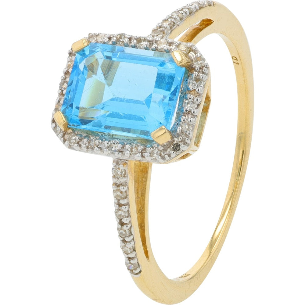 14K Yellow Gold Halo Ring with Rectangular Swiss Blue Topaz and Round Diamond Accents - 0.10 Carat Total Diamond Weight