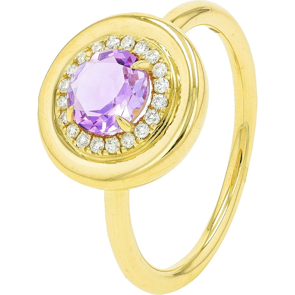 14K Yellow Gold Halo Ring with Round Amethyst and Diamond Accents - 0.75-1.00 Carat Amethyst, 0.10 Carat Total Diamond Weight