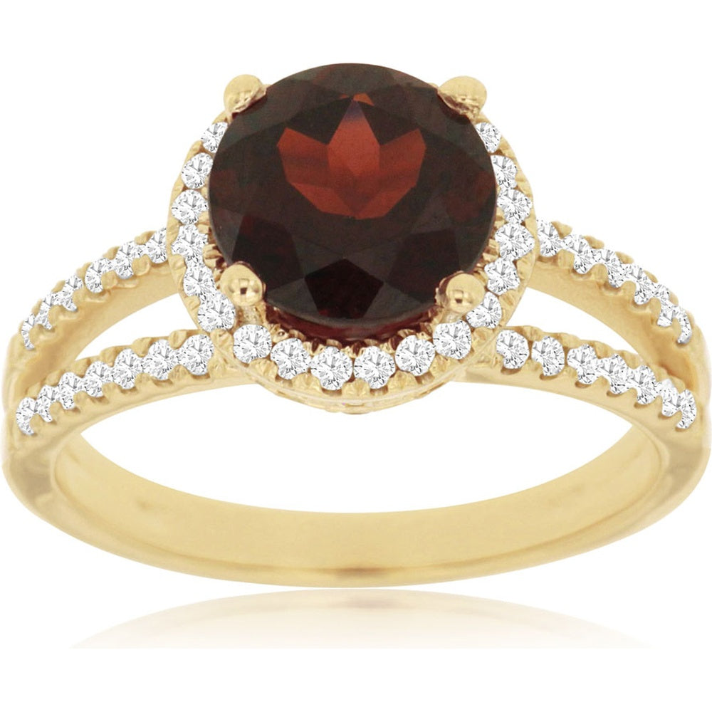 14K Yellow Gold Halo Ring with Round-Cut Garnet and Diamond Split Shank - 2.40 Carat Garnet and 0.50 Carat Total Diamond Weight - Royal Jewelry