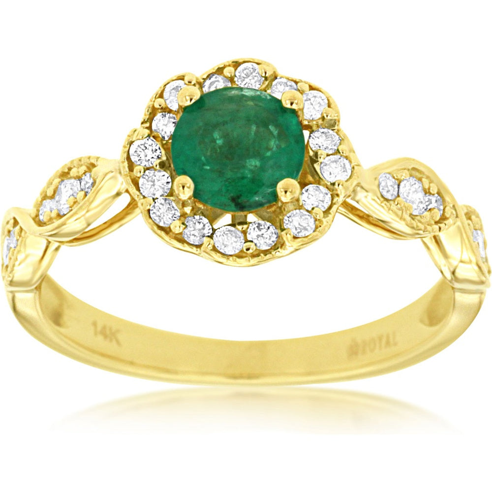 14K Yellow Gold Halo Ring with Round Emerald and Milgrain-Edged Diamonds - 0.60 Carat Emerald and 0.27 Carat Diamond Total Weight - Royal Jewelry