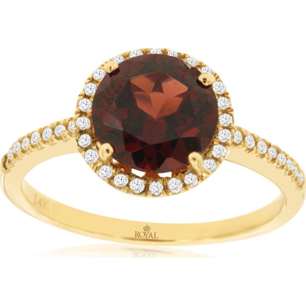 14K Yellow Gold Halo Ring with Round Garnet and Diamond Accents - 2.40 Carat Garnet & 0.16 Carat Total Diamond Weight - Royal Jewelry
