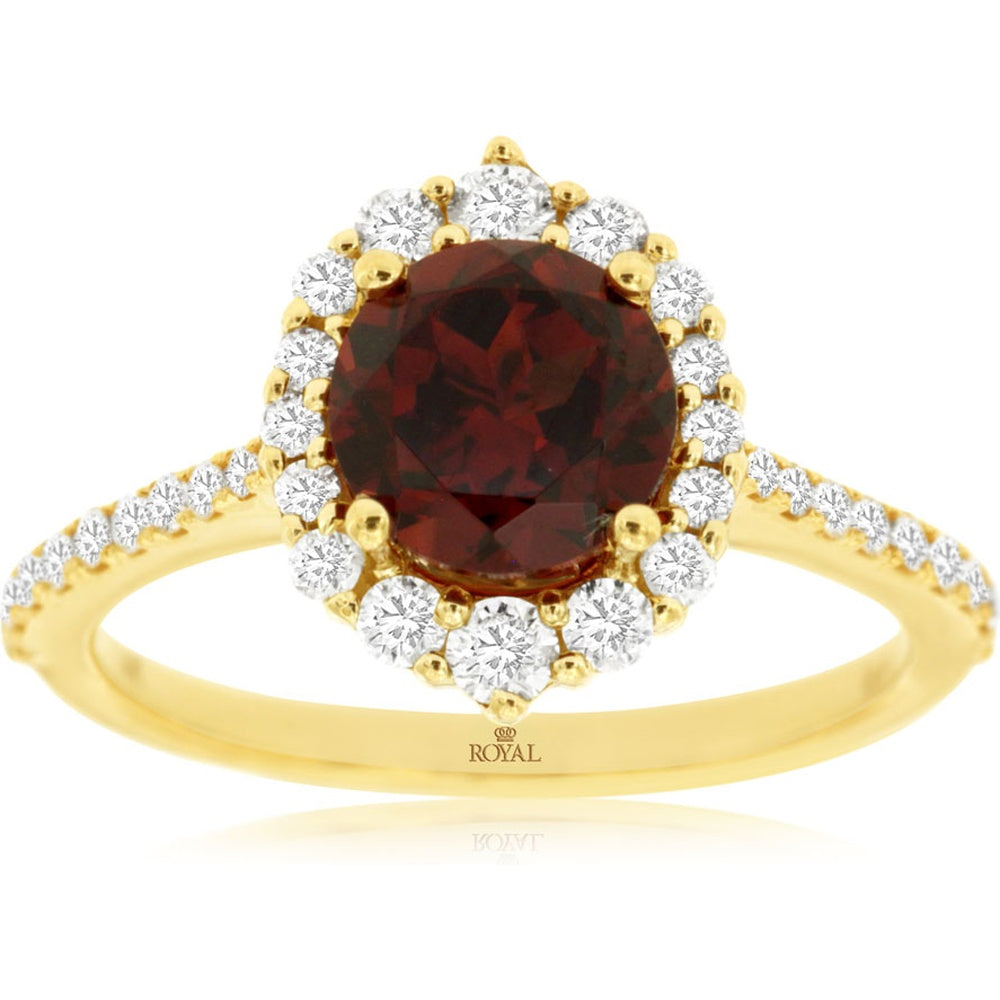 14K Yellow Gold Halo Ring with Round Garnet and Pavé Diamond Accents - 1.50 Carat Garnet and 0.49 Carat Total Diamond Weight - Royal Jewelry