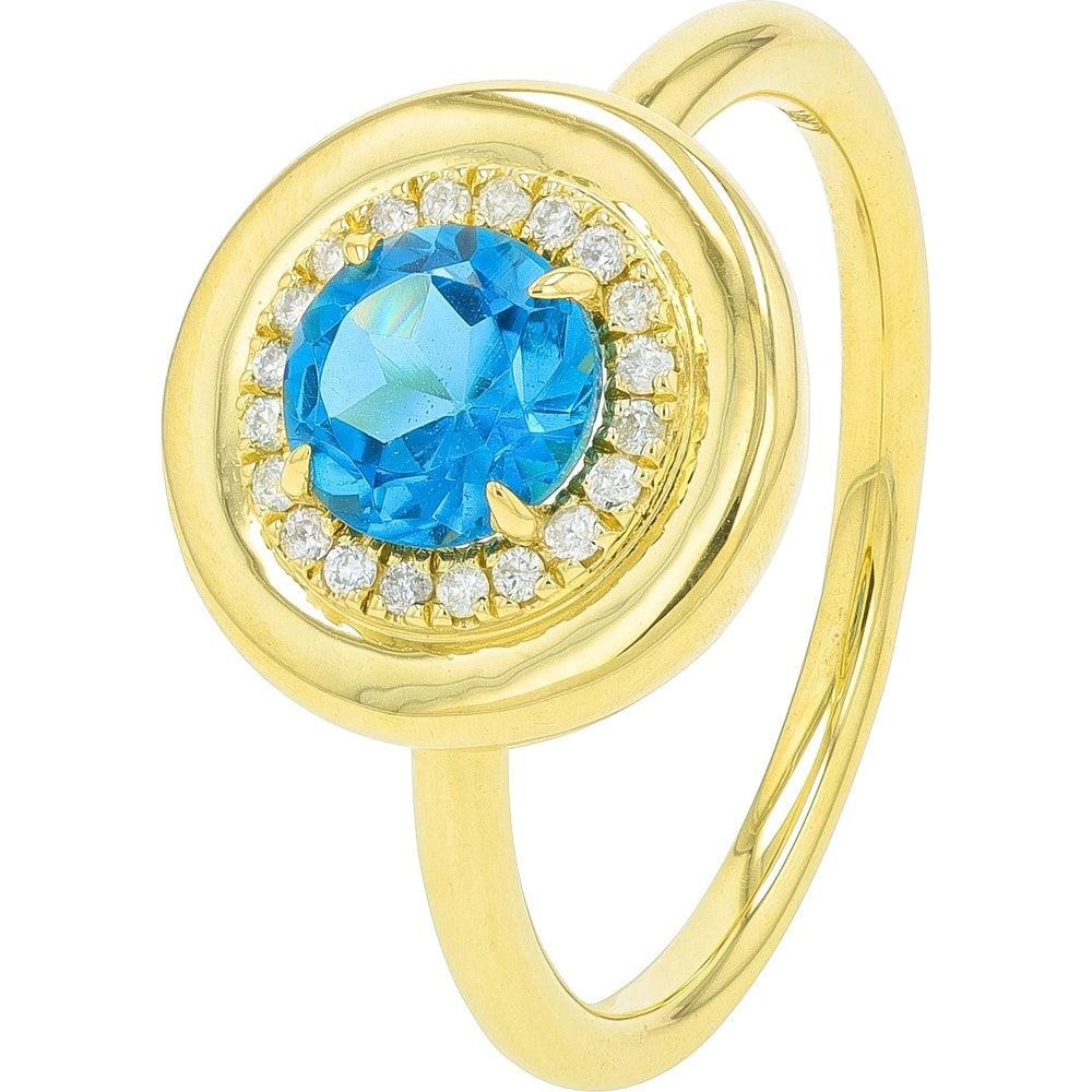 14K Yellow Gold Halo Ring with Round London Blue Topaz and Diamond Accents - 0.10 Carat Total Diamond Weight