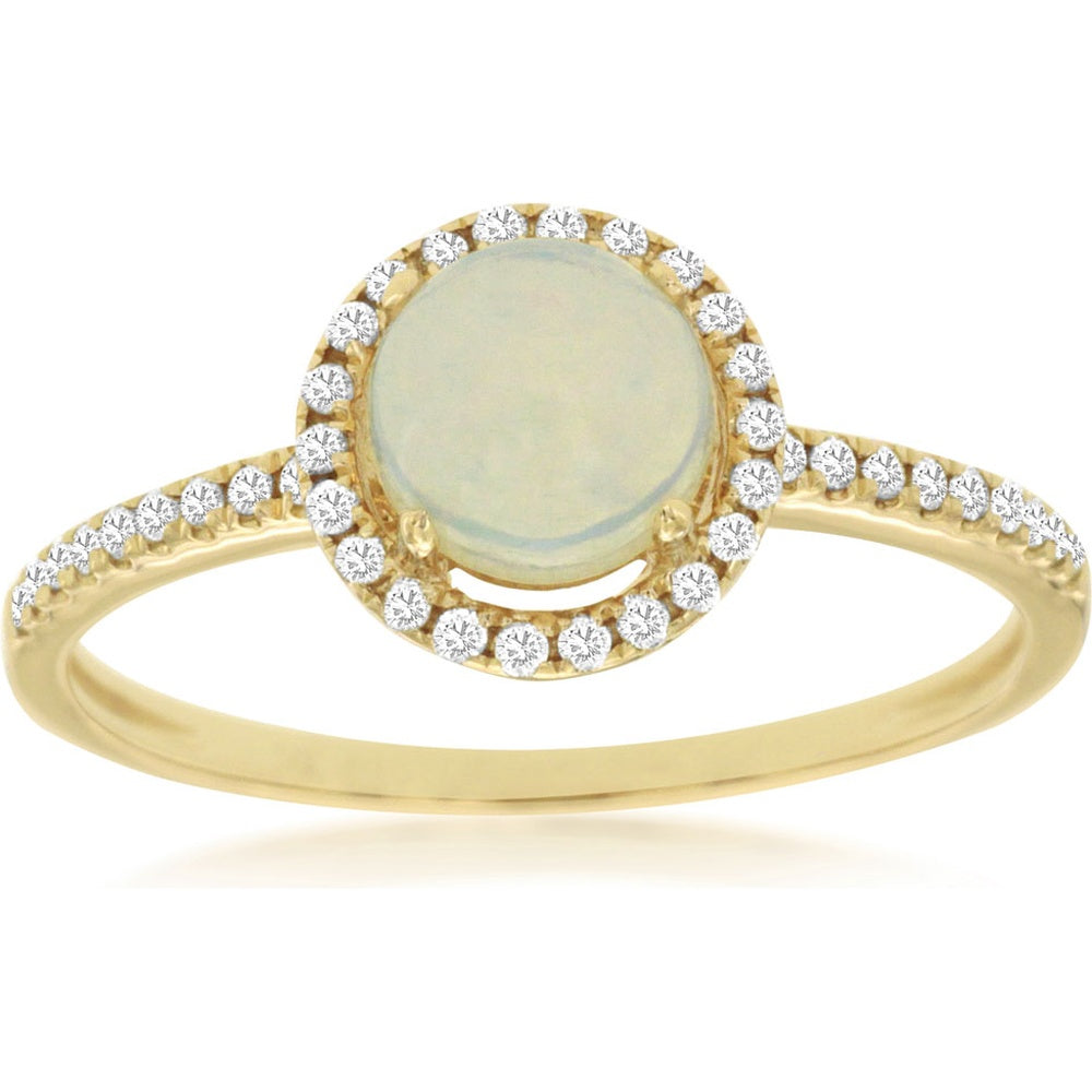 14K Yellow Gold Halo Ring with Round Opal and Pave Set Round Diamonds - 0.50 Carat Opal and 0.16 Carat Total Diamond Weight - Royal Jewelry