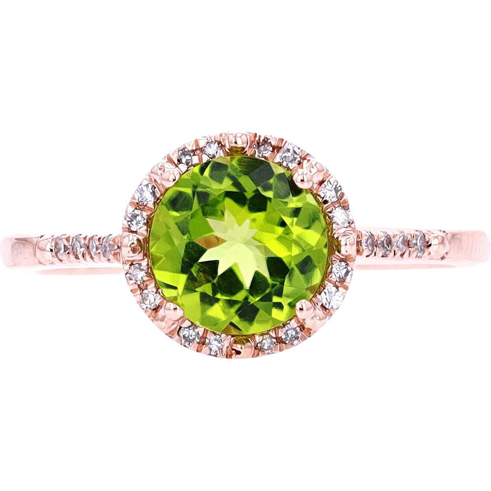 14K Yellow Gold Halo Ring with Round Peridot and Diamond Accents - 0.09 Carats Total Diamond Weight
