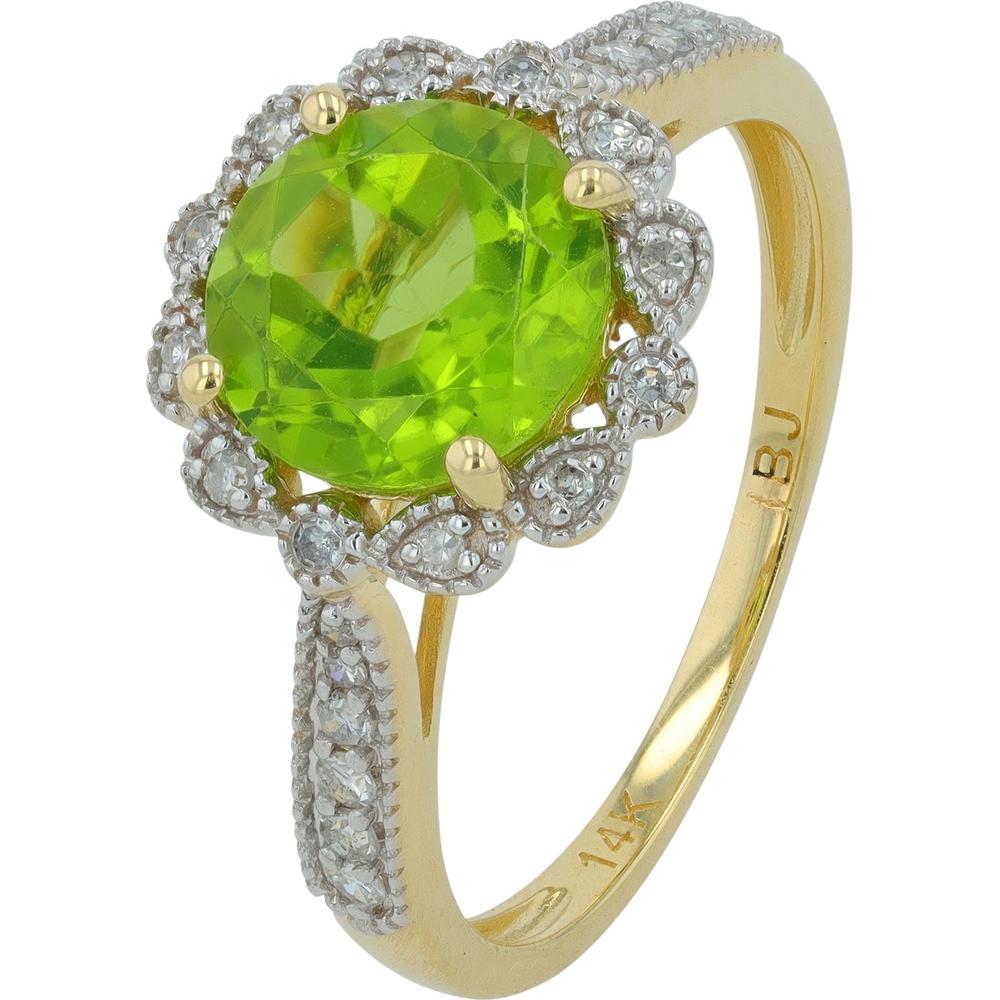 14K Yellow Gold Halo Ring with Round Peridot and Diamond Accents - 0.16 Carats Total Diamond Weight