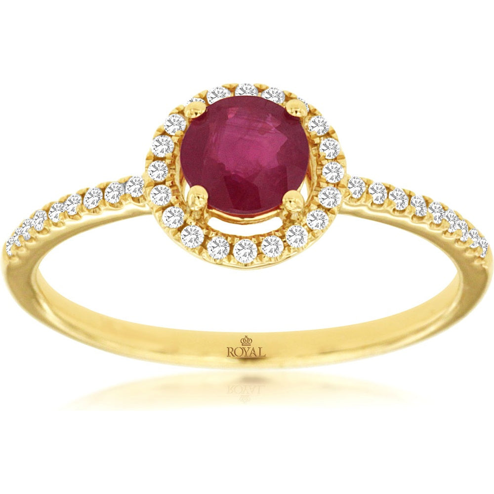 14K Yellow Gold Halo Ring with Round Ruby and Milgrain Diamond Accents - 0.47 Carat Ruby and 0.14 Carat Total Diamond Weight - Royal Jewelry