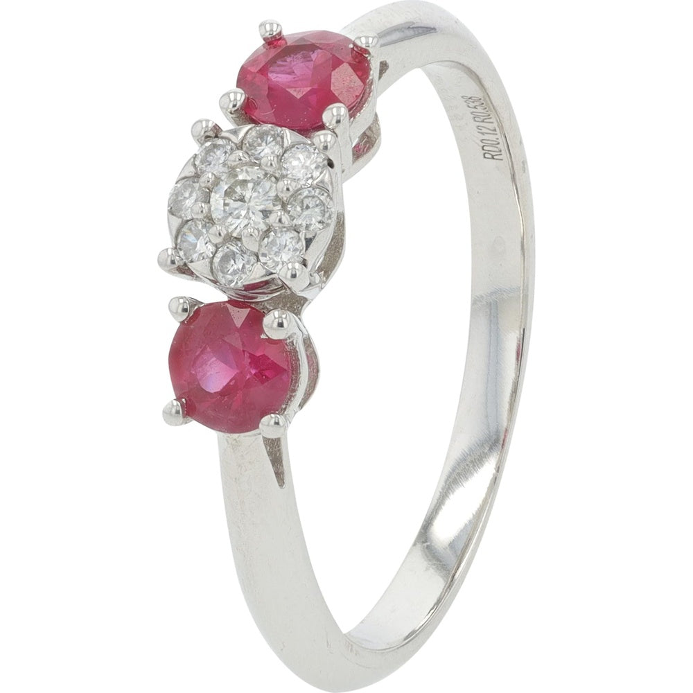 14K Yellow Gold Halo Ring with Ruby Side Stones and Round Diamond Center Cluster - 0.50 Carat Total Ruby Weight and 0.12 Carat Total Diamond Weight