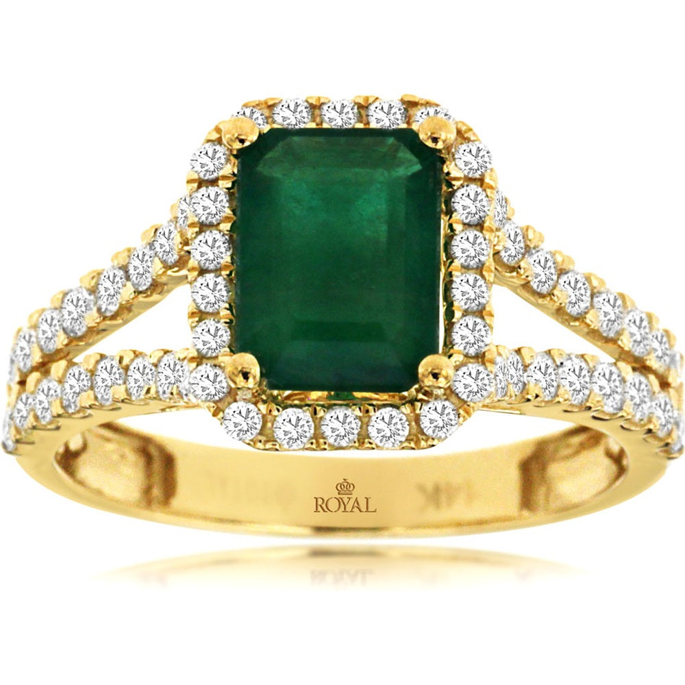 14K Yellow Gold Halo Ring with Step-Cut Emerald and Round Diamond Accents - 1.60 Carat Emerald and 0.71 Carat Total Diamond Weight - Royal Jewelry