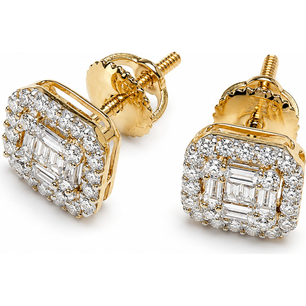 14K Yellow Gold Halo Stud Earrings with Baguette and Round Diamonds - 0.56 Carat Total Diamond Weight by Auriventus
