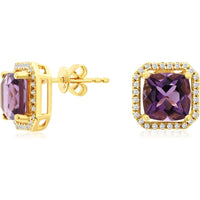 14K Yellow Gold Halo Stud Earrings with Cushion-Cut Amethyst and Round Diamonds - 2.50 Carat Total Amethyst Weight and 0.29 Carat Total Diamond Weight - Royal Jewelry