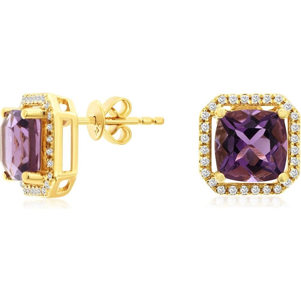 14K Yellow Gold Halo Stud Earrings with Cushion-Cut Amethyst and Round Diamonds - 2.50 Carat Total Amethyst Weight and 0.29 Carat Total Diamond Weight - Royal Jewelry