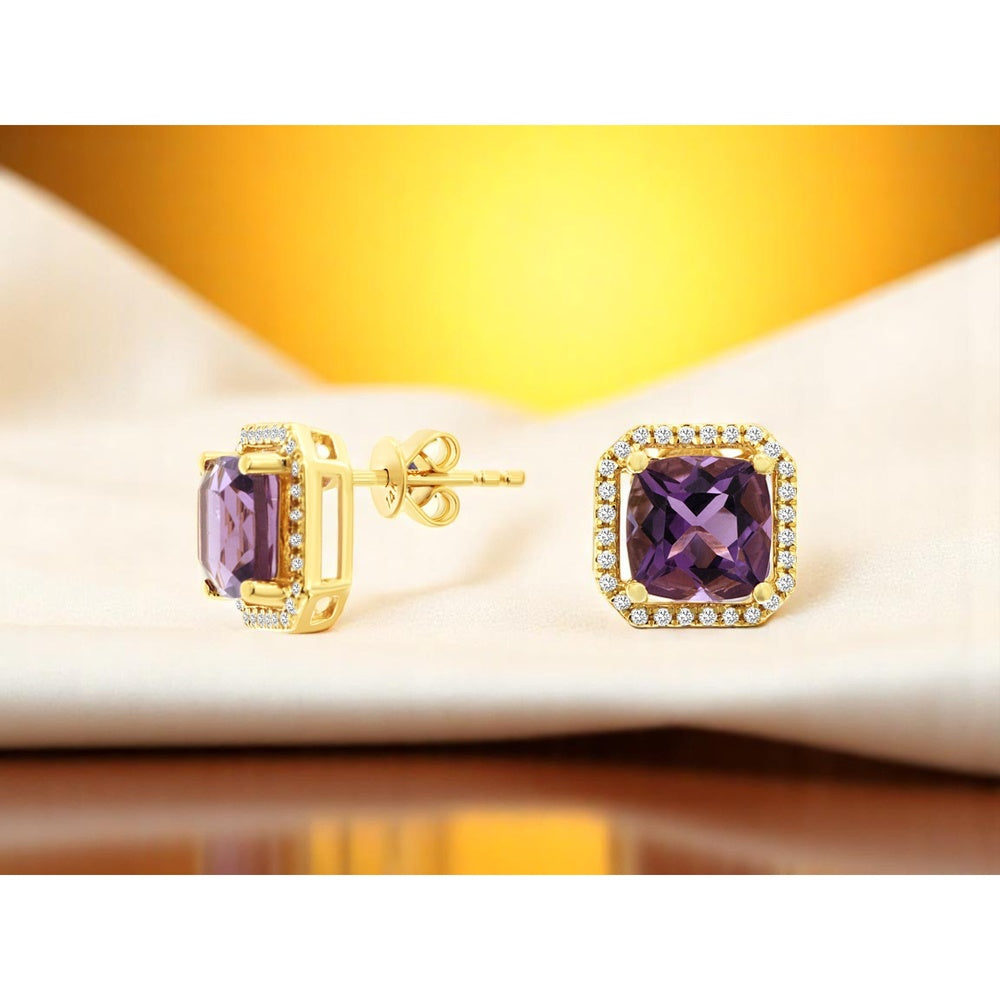 14K Yellow Gold Halo Stud Earrings with Cushion-Cut Amethyst and Round Diamonds - 2.50 Carat Total Amethyst Weight and 0.29 Carat Total Diamond Weight - Royal Jewelry