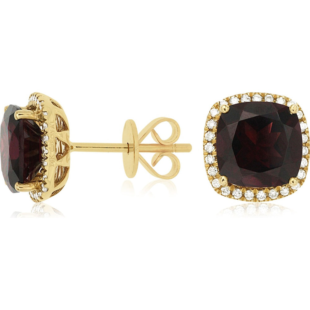 14K Yellow Gold Halo Stud Earrings with Cushion Cut Garnet and Round Diamonds - 5.50ct Total Garnet Weight and 0.21ct Total Diamond Weight - Royal Jewelry