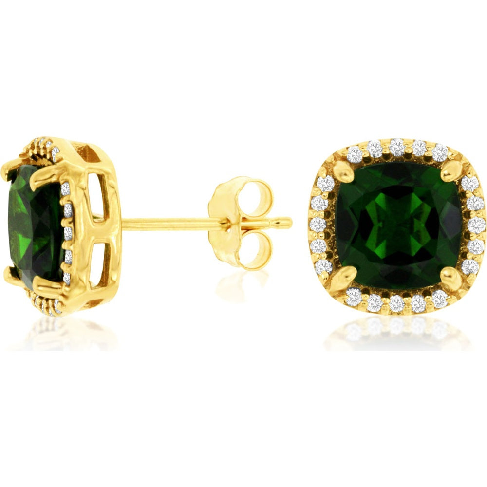 14K Yellow Gold Halo Stud Earrings with Cushion-Cut Russalite and Round Diamonds - 2.80 Carat Total Russalite Weight and 0.16 Carat Total Diamond Weight - Royal Jewelry