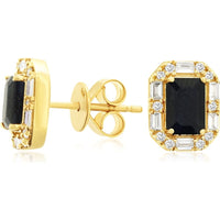 14K Yellow Gold Halo Stud Earrings with Emerald-Cut Sapphires and Baguette & Round Diamonds - 1.40 Carat Total Sapphire Weight and 0.27 Carat Total Diamond Weight - Royal Jewelry