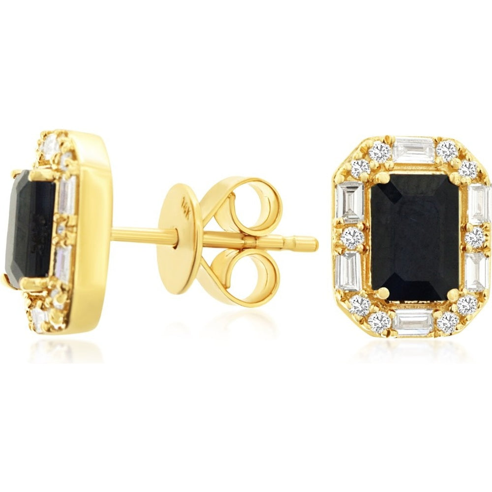 14K Yellow Gold Halo Stud Earrings with Emerald-Cut Sapphires and Baguette & Round Diamonds - 1.40 Carat Total Sapphire Weight and 0.27 Carat Total Diamond Weight - Royal Jewelry