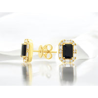 14K Yellow Gold Halo Stud Earrings with Emerald-Cut Sapphires and Baguette & Round Diamonds - 1.40 Carat Total Sapphire Weight and 0.27 Carat Total Diamond Weight - Royal Jewelry